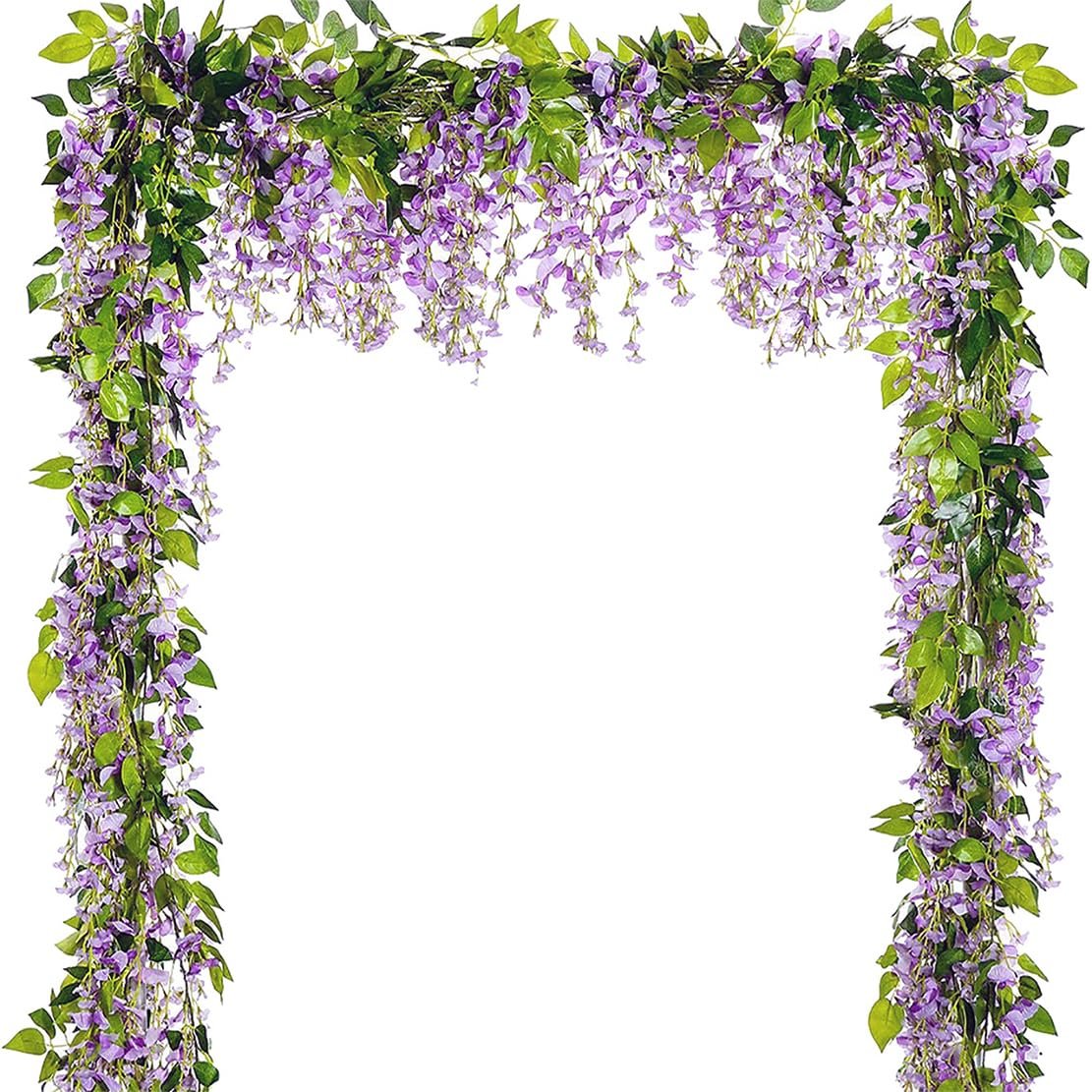 Artificial purple wisteria garland with green leaves draped in an arch shape against a white background.