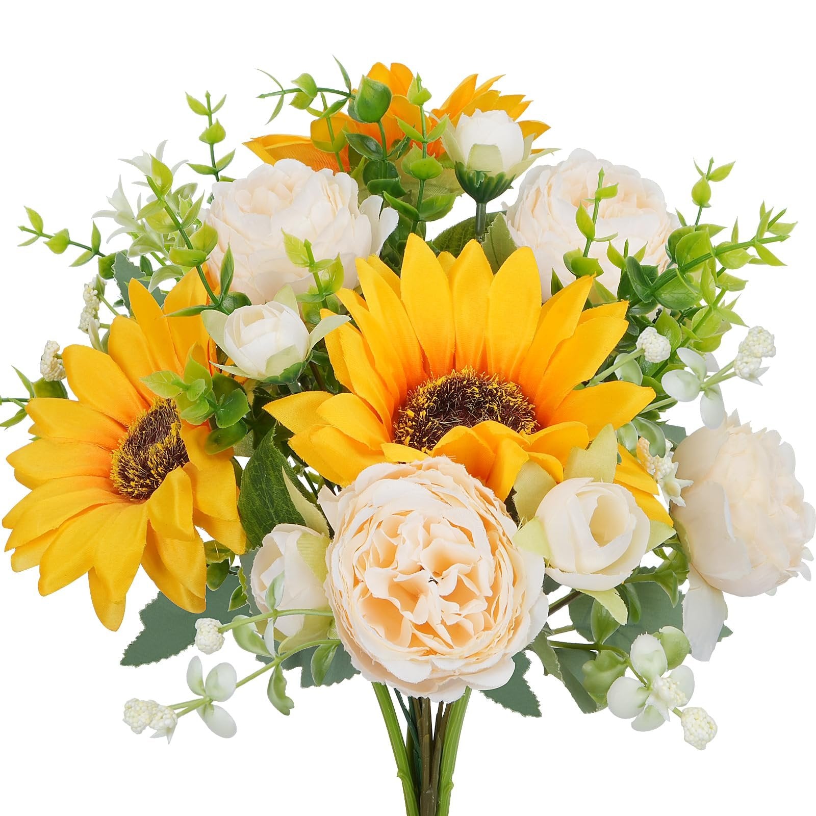 Bouquet of artificial sunflowers, champagne and white peonies, and greenery against a white background.
