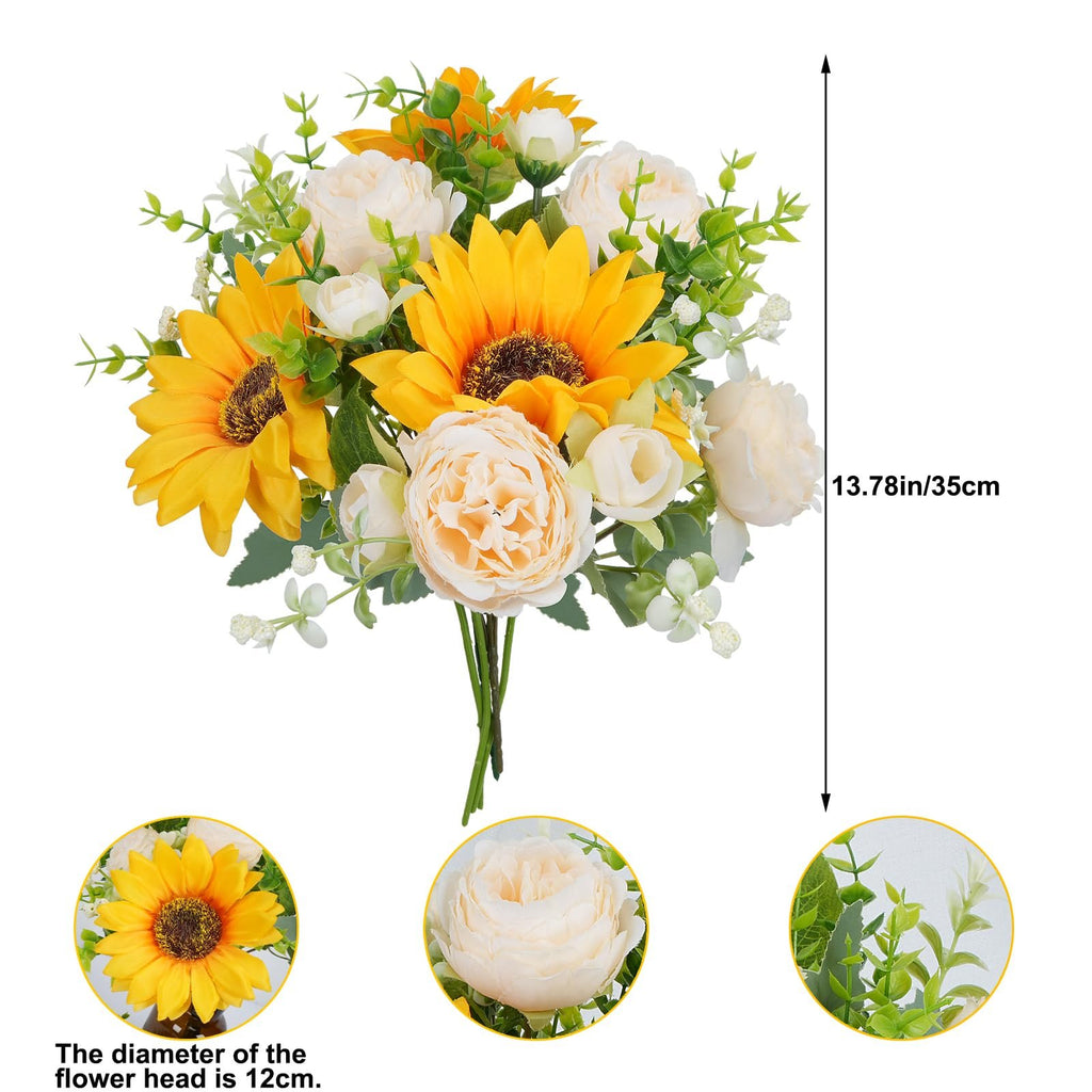 Silk sunflower and peony bouquet with green foliage, showing overall arrangement and detail shots of flowers and leaves.