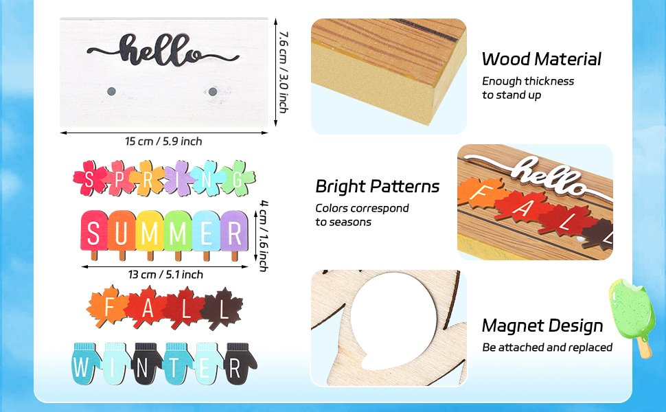 Seasonal table sign set with interchangeable inserts for Spring, Summer, Fall, and Winter. Includes 'hello' sign and seasonal decorations.