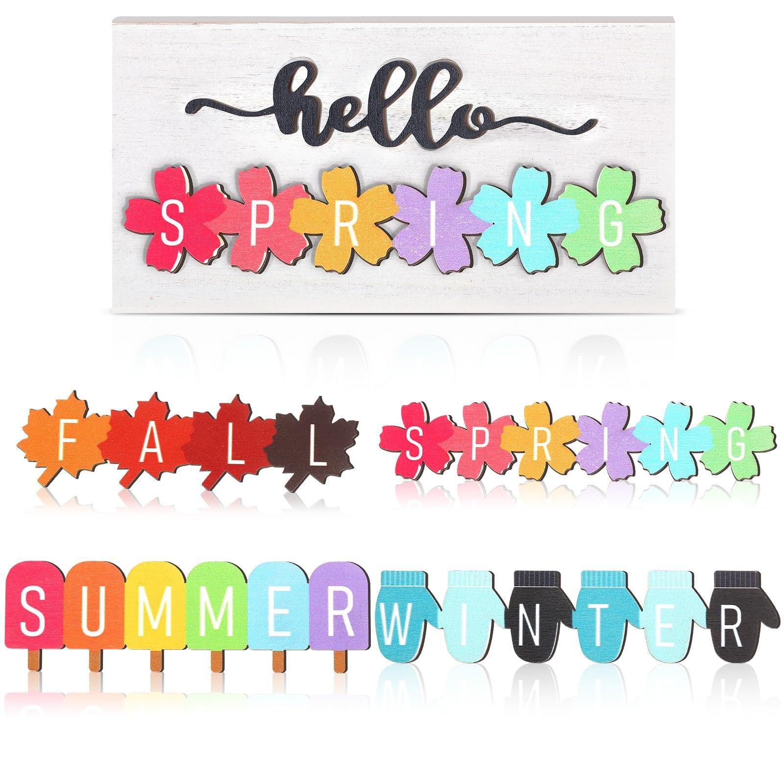 Wooden seasonal table sign set with interchangeable inserts for Spring, Fall, Summer, and Winter themes.