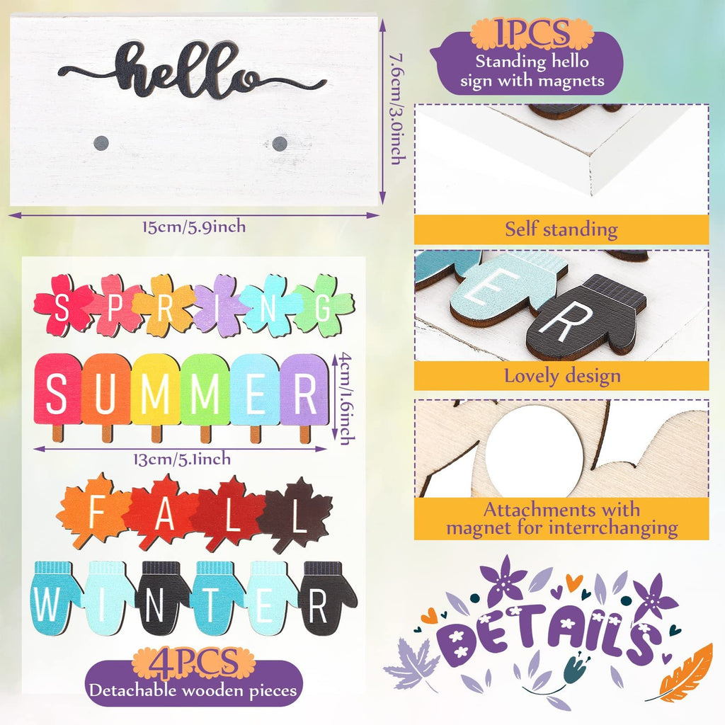 Wooden seasonal table sign set with interchangeable pieces for Spring, Summer, Fall, and Winter. Includes 'hello' sign and seasonal words.