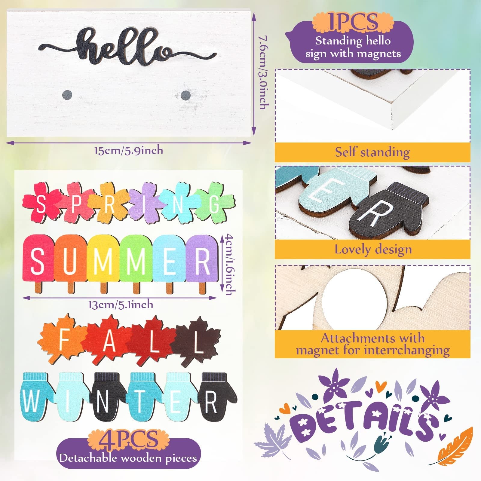 Wooden seasonal table sign set with interchangeable pieces for Spring, Summer, Fall, and Winter. Includes 'hello' sign and seasonal words.