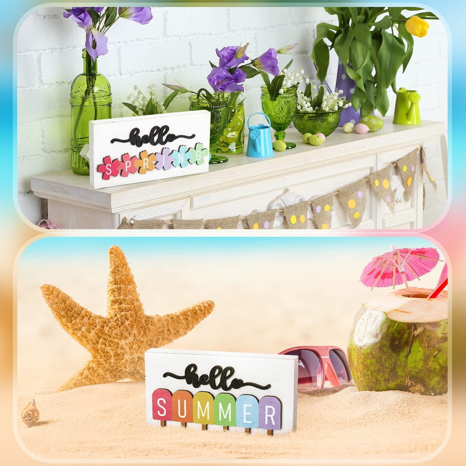 Seasonal table signs with 'hello SPRING' and 'hello SUMMER' text, displayed in spring and beach settings.