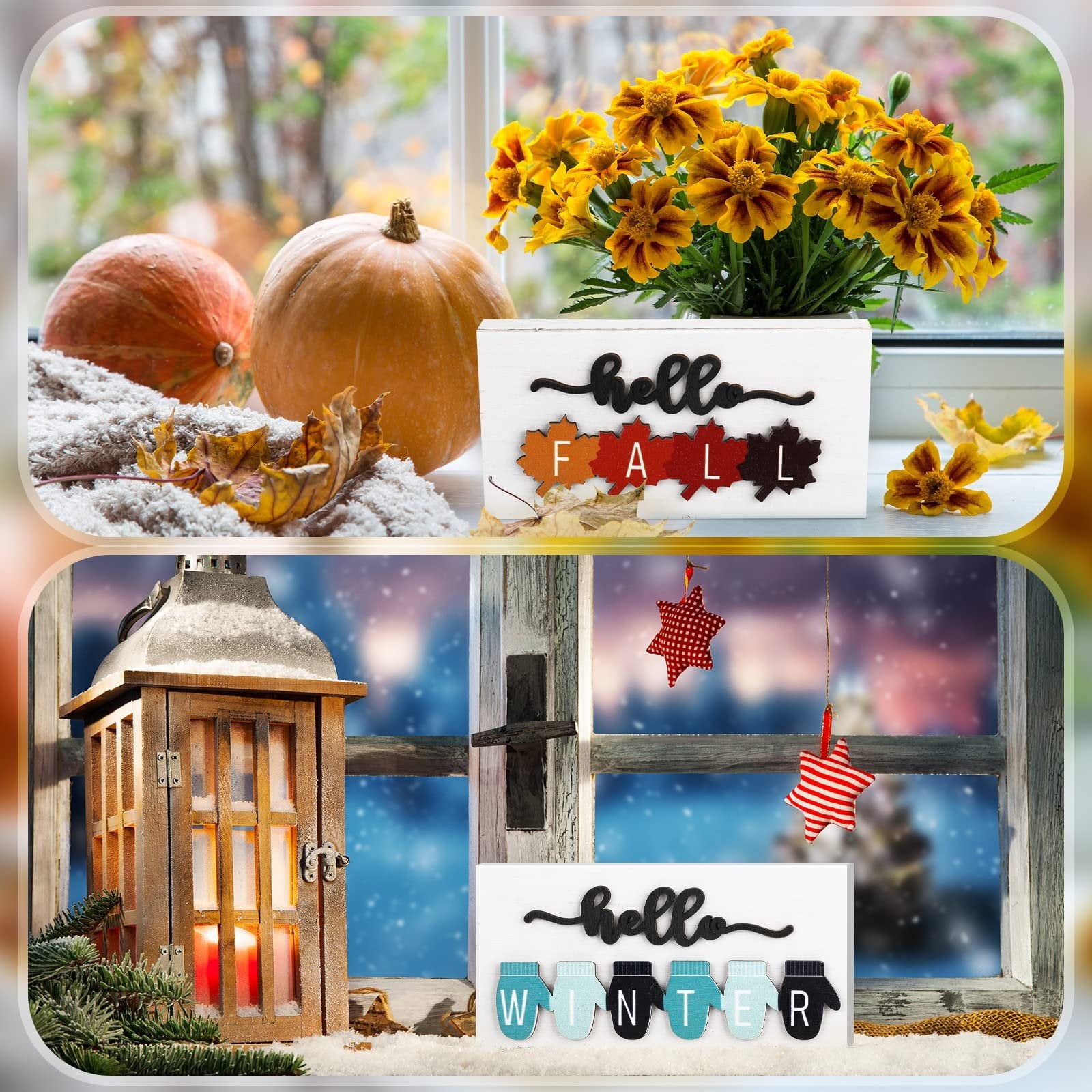 Seasonal table signs with 'hello FALL' and 'hello WINTER' inserts, displayed with pumpkins and flowers, and a lantern with snow.