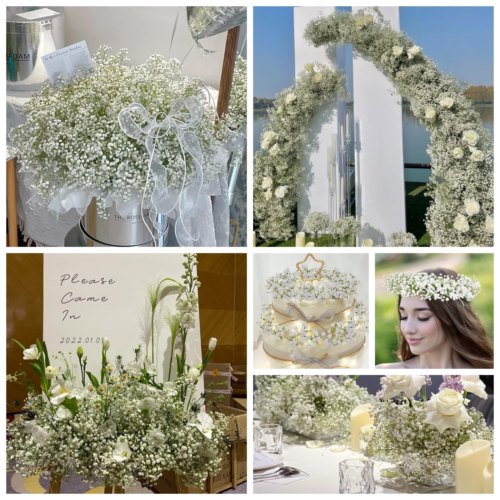 Collage of artificial baby's breath flower arrangements for weddings and decor, including bouquets, archways, cakes, and a floral crown.