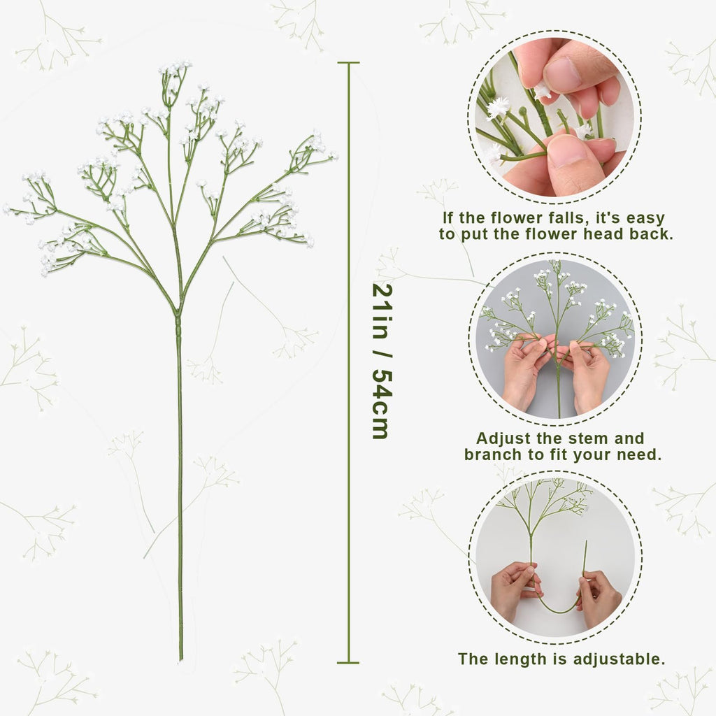 Single artificial white babys breath flower stem with multiple branches, shown with instructional insets.