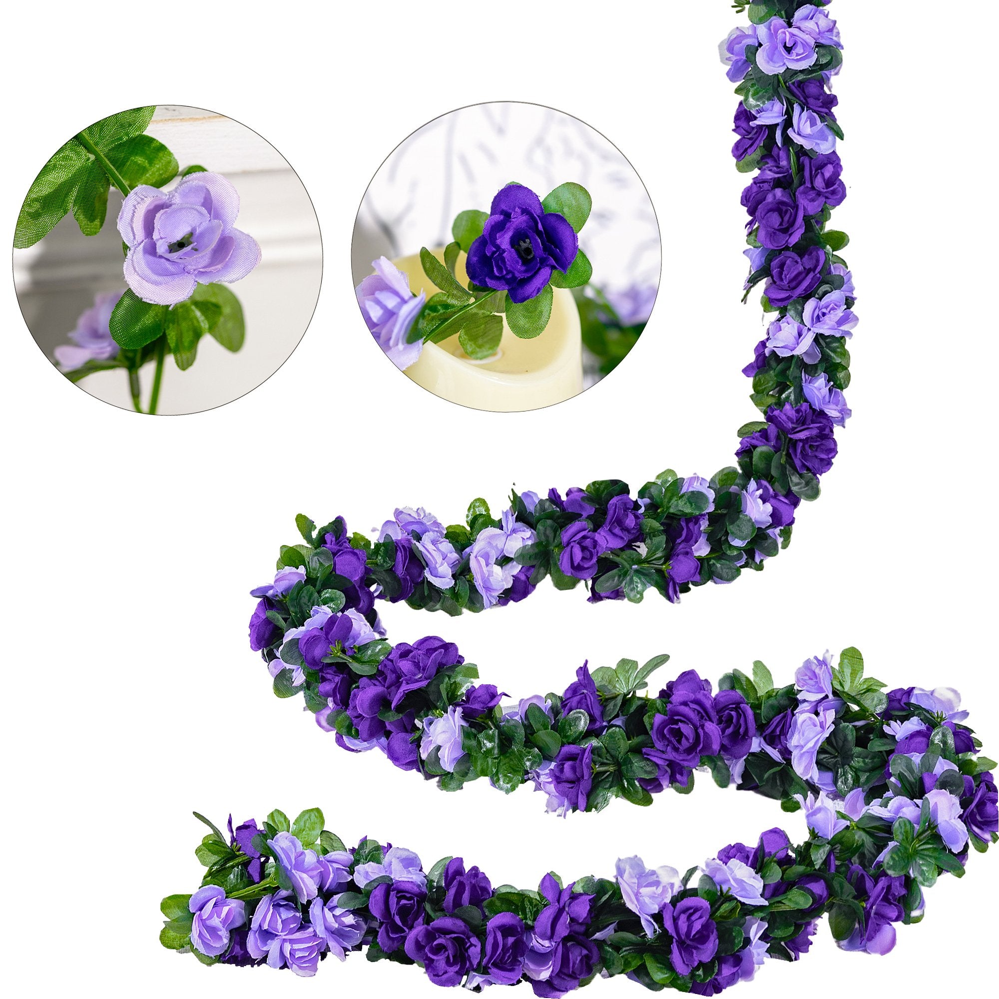 Artificial purple rose garland with green leaves, shown in a winding shape with close-up insets of individual flowers.