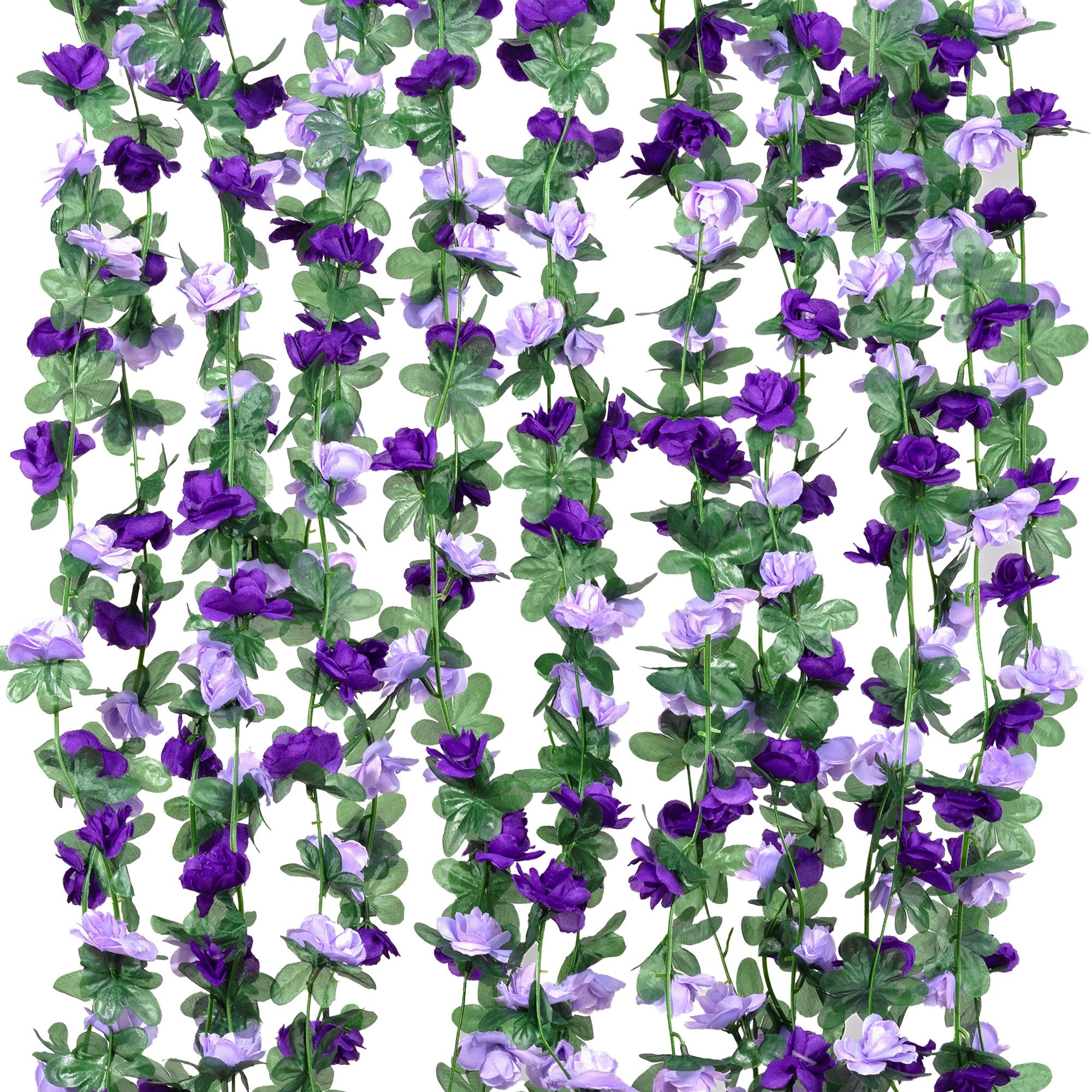 Artificial purple rose garlands with green leaves hanging vertically against a white background.