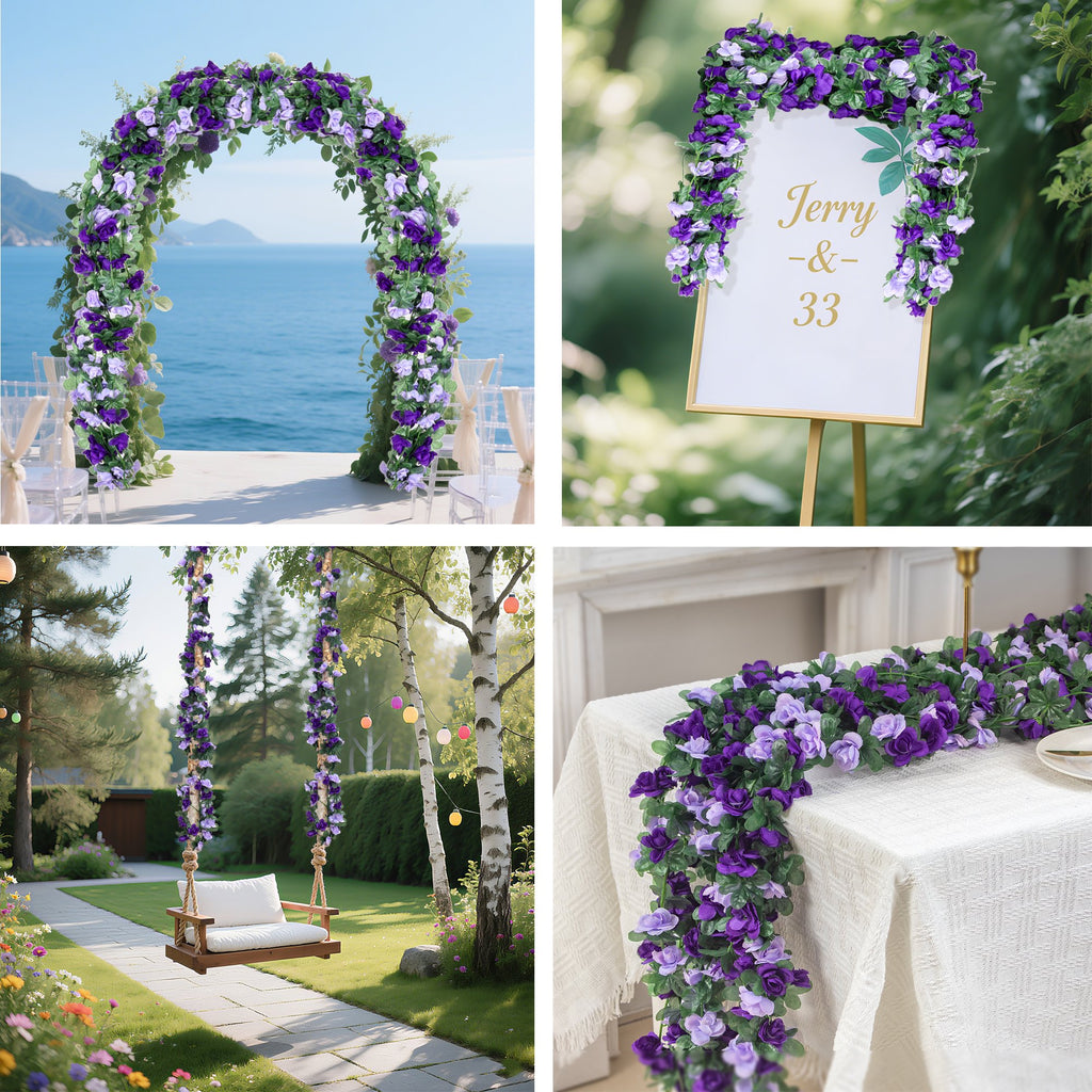 Collage of artificial purple rose garlands used for wedding decor: archway, sign, swing, and table runner.