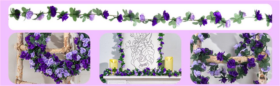 Collage of artificial purple rose garlands draped on wooden structures and a mantelpiece with candles.