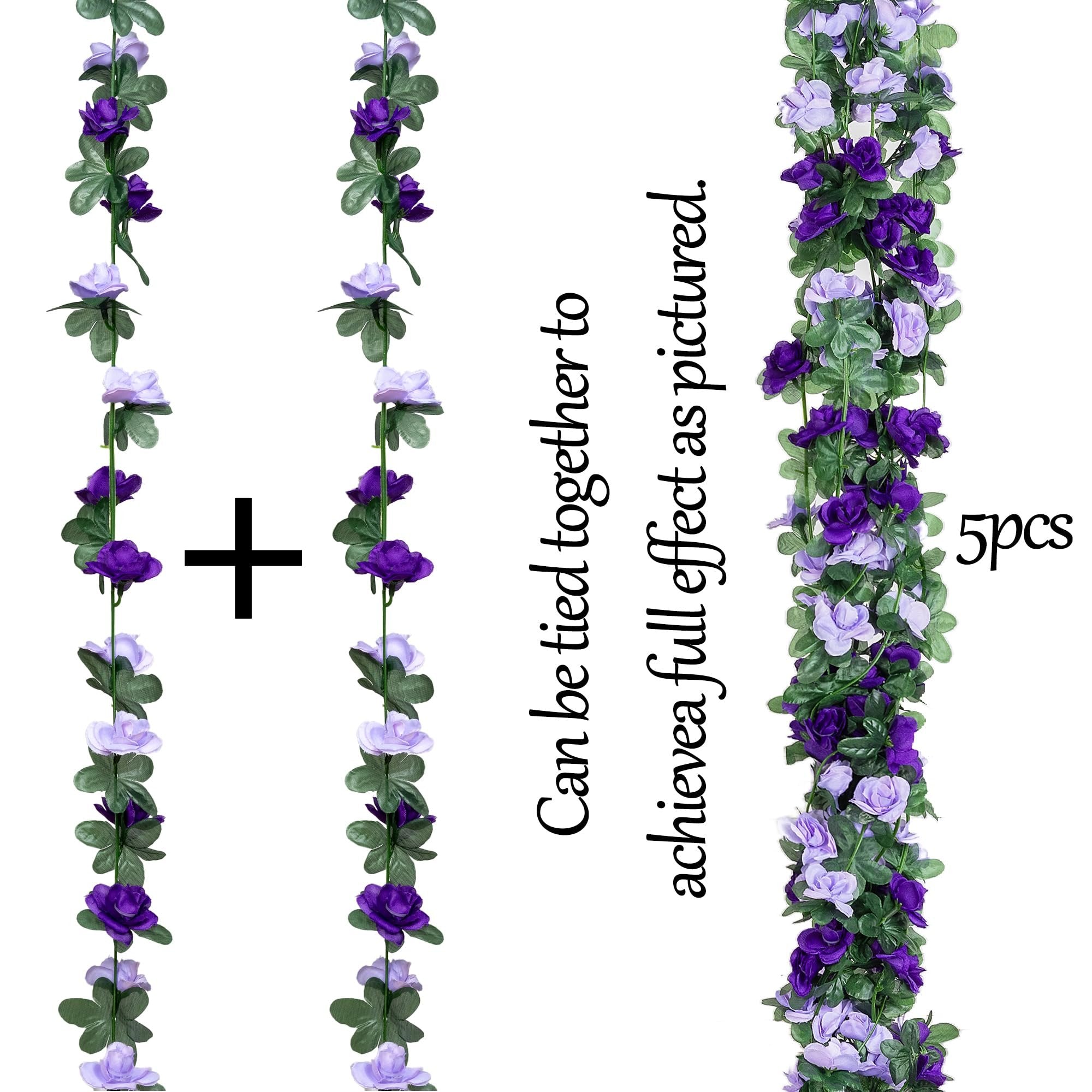 Artificial purple and lavender rose garlands with green leaves, shown with a plus sign and text.