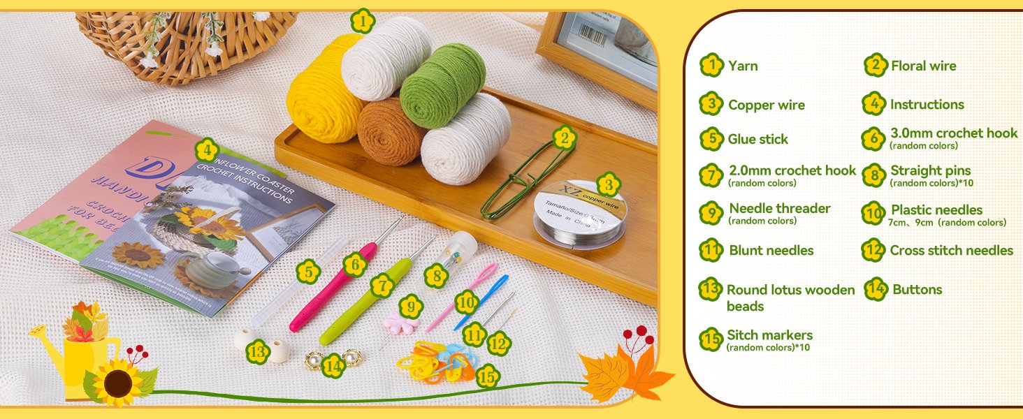 Crochet coaster kit contents laid out with yarn, hooks, needles, wire, and instructions booklet.