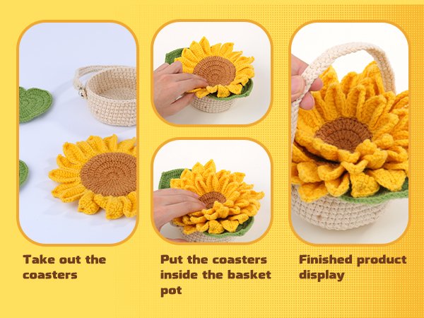 Crochet sunflower coasters and basket display showing assembly steps and final product.