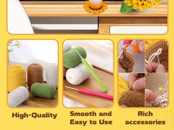 Crochet coaster kit components including yarn, hooks, needles, and stitch markers, with text overlays highlighting quality and accessories.