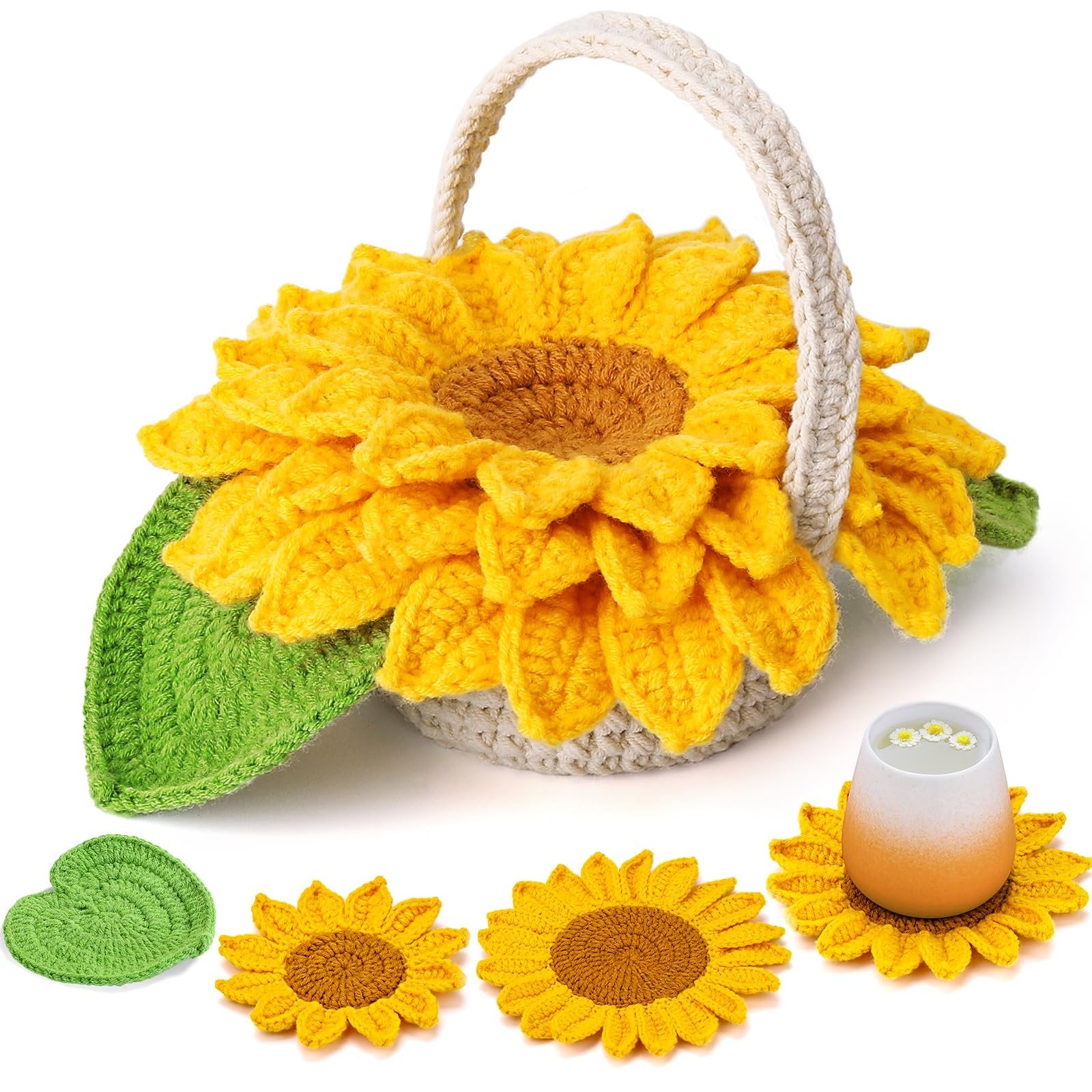 Crocheted sunflower coasters and a basket with a sunflower design, shown with a cup on one coaster.