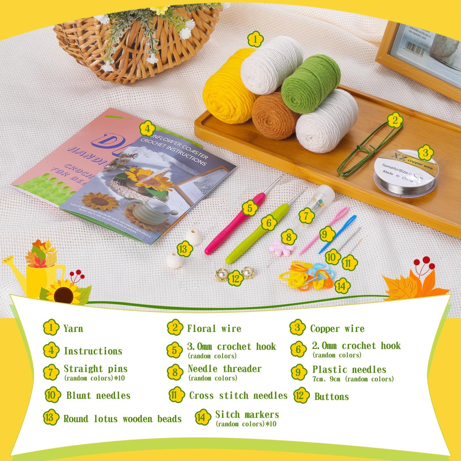 Crochet coaster kit contents laid out with yarn, hooks, needles, wire, and instructions.