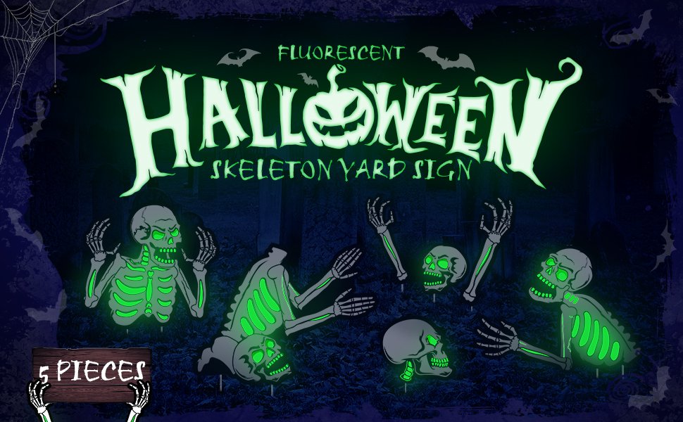 Fluorescent Halloween skeleton yard signs with glowing green accents, displayed on a dark background.