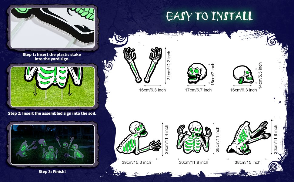 Fluorescent skeleton yard signs with installation steps and size dimensions for Halloween decor.