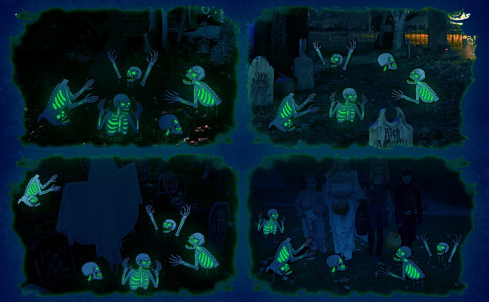 Four panels showing fluorescent skeleton yard signs in outdoor Halloween lawn decor settings.