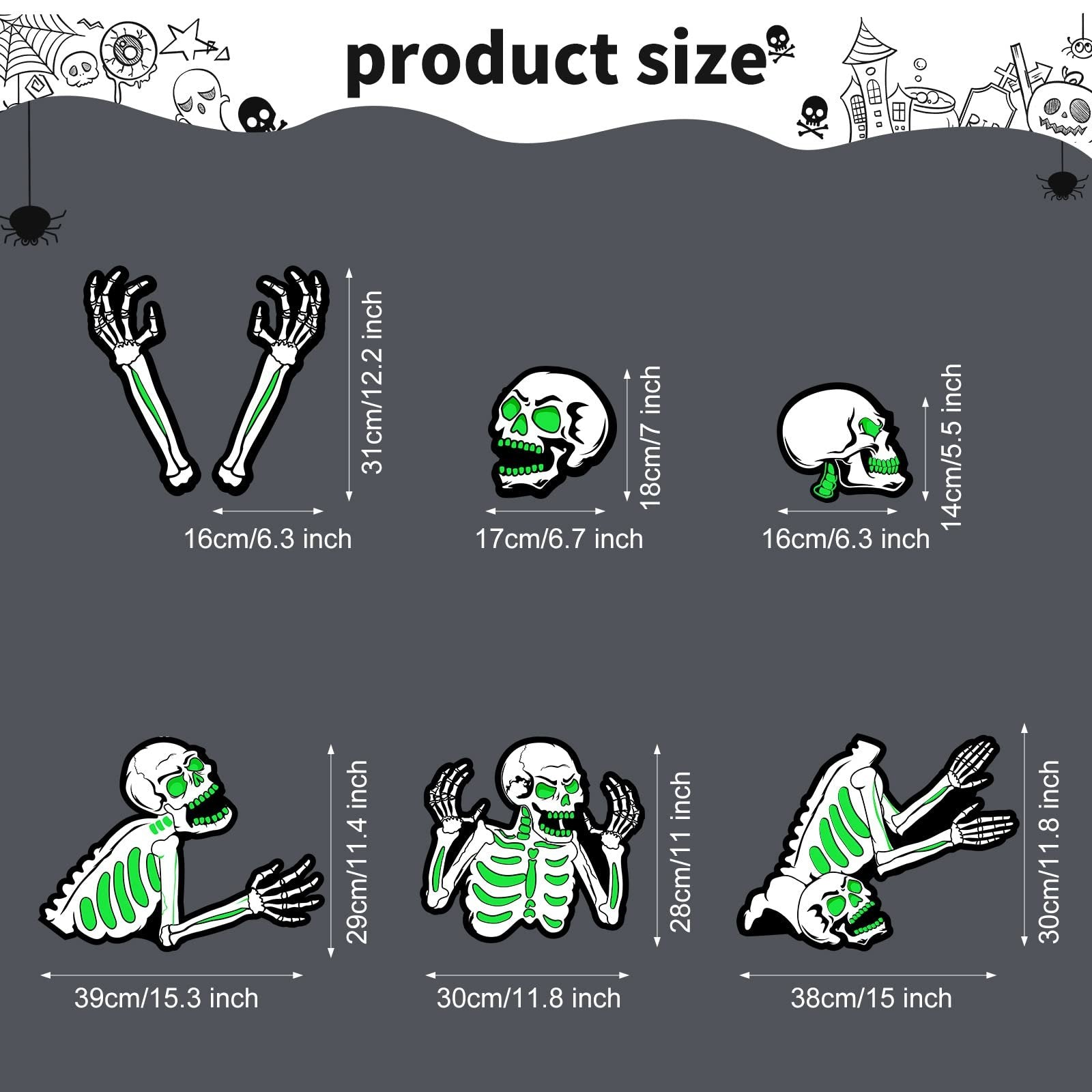 Fluorescent skeleton yard decorations with size dimensions shown, including skeleton hands, skulls, and full skeletons.