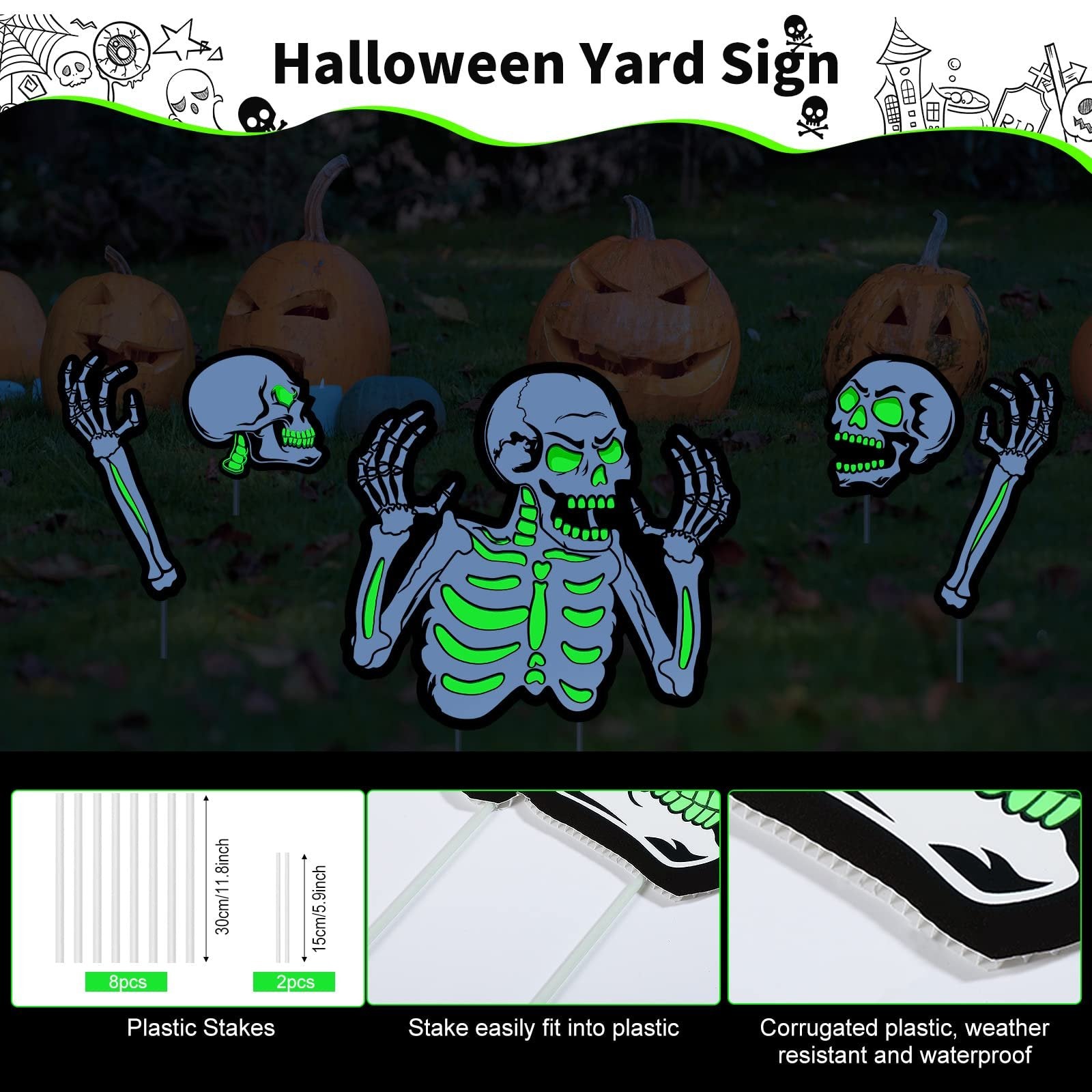 Halloween skeleton yard signs with carved pumpkins in the background, showing stakes and material details.