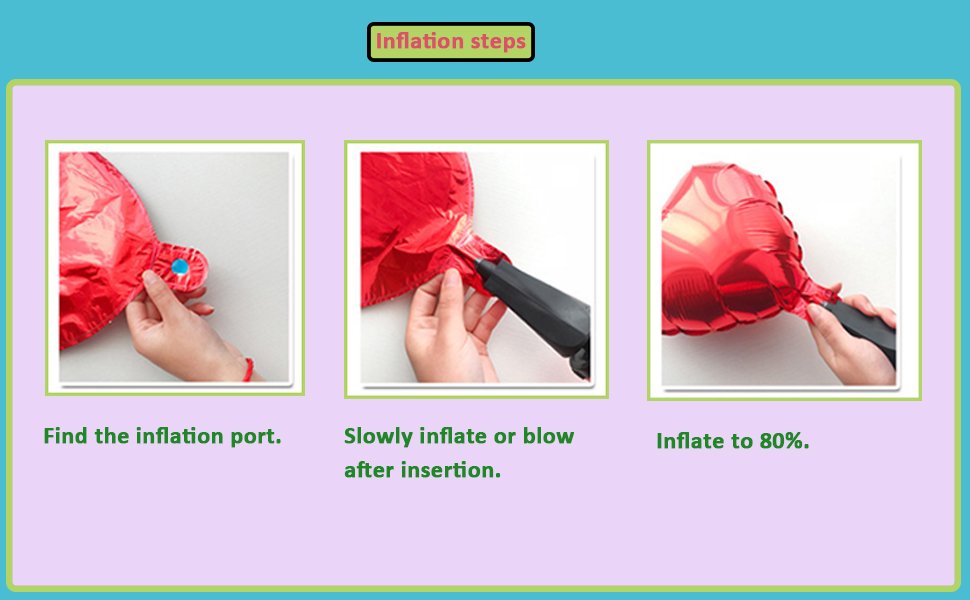 Three-panel image showing how to inflate a red foil balloon. First panel shows finding the inflation port, second shows inserting a pump, third shows inflating the balloon.