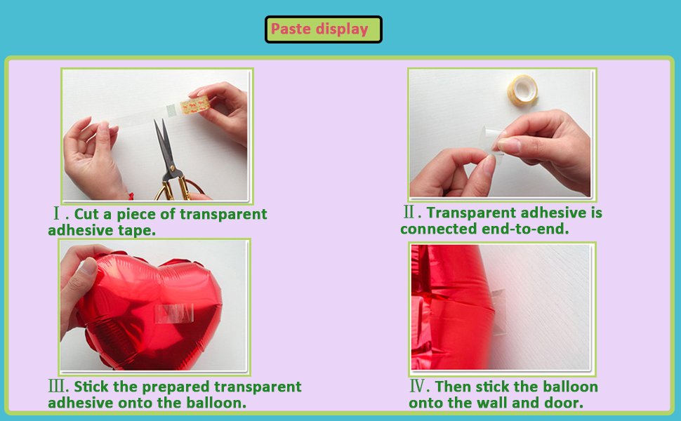Four-step guide showing how to attach a balloon using transparent tape. Steps include cutting tape, connecting tape ends, sticking tape to balloon, and attaching balloon to wall.