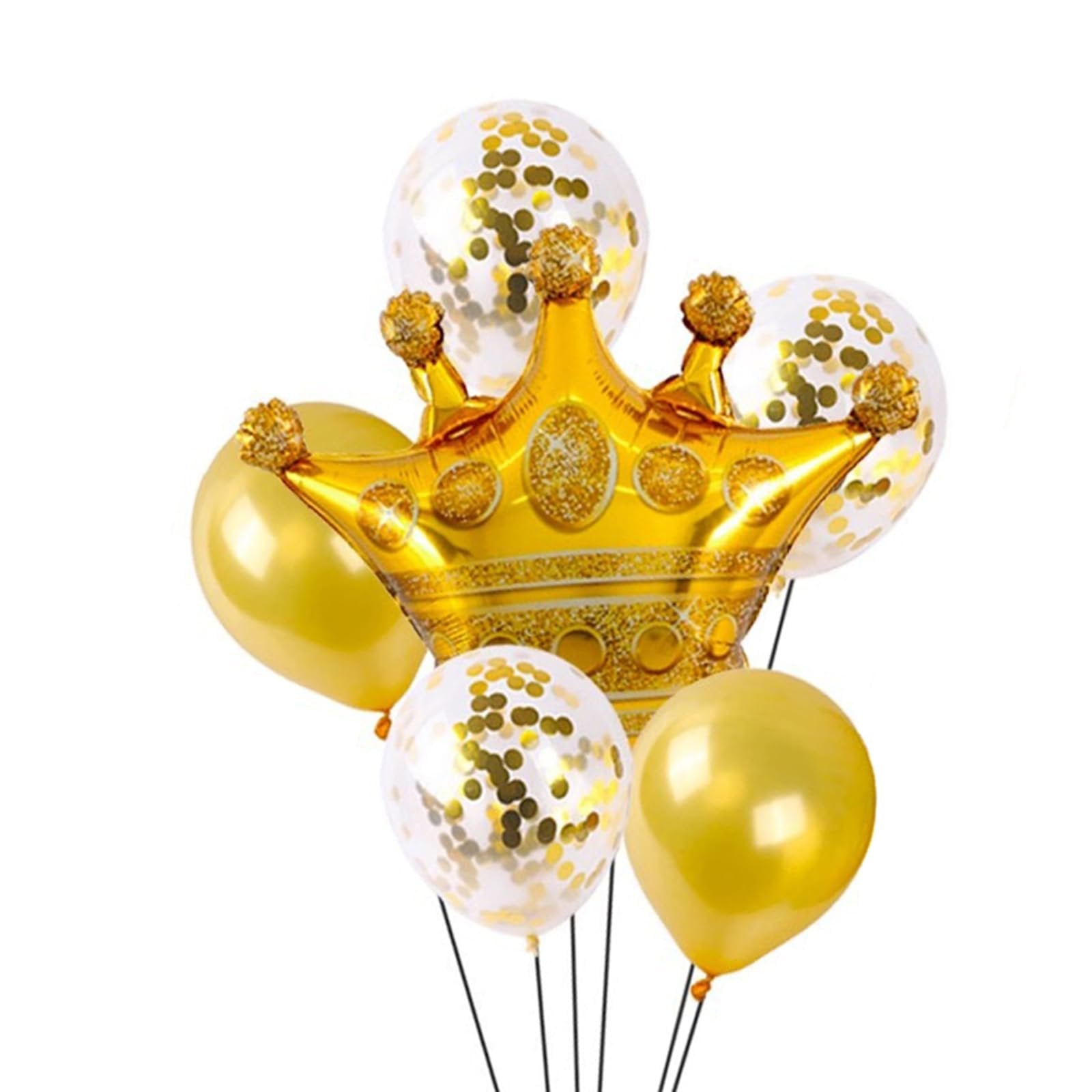 Gold foil crown balloon surrounded by gold and confetti balloons against a white background