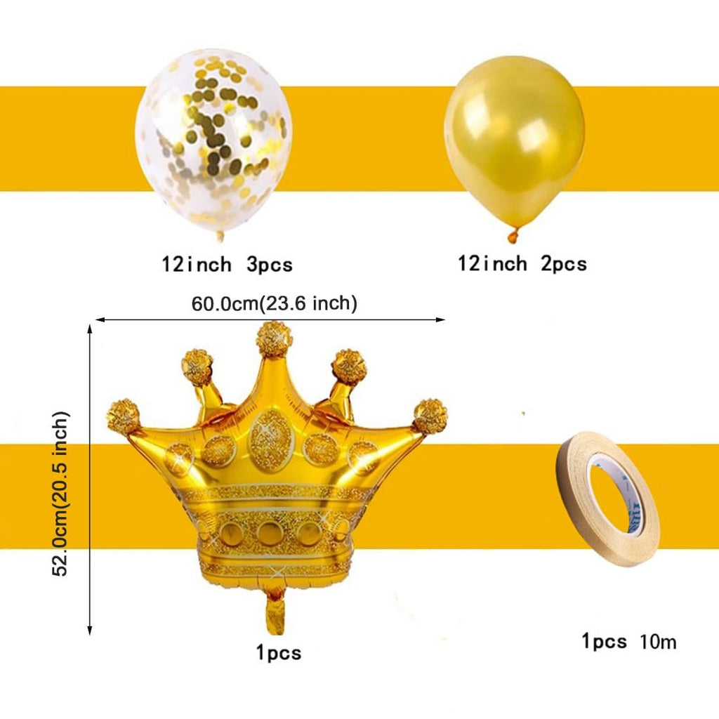 Gold foil birthday balloon set including a crown, confetti balloons, and plain balloons with dimensions and tape.