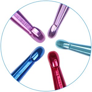 Close-up of five large crochet hooks with colorful metallic aluminum shafts and soft clay grips arranged in a circle.