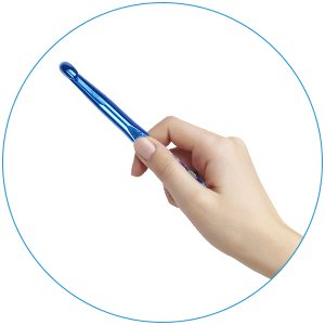 Hand holding a blue aluminum crochet hook with a soft grip