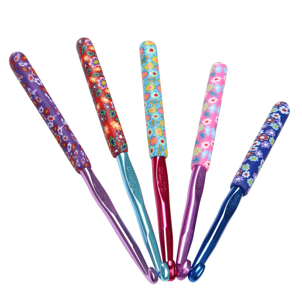 Five large crochet hooks with floral patterned soft clay grips, sizes 6.5mm to 10mm