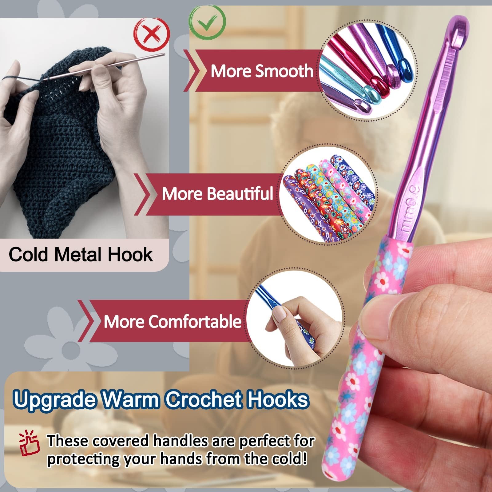 Close-up of a hand holding a large crochet hook with a pink floral grip, showing the hook tip and size marking.