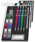 Set of 5 mechanical pencils in various colors with lead and eraser refills in a clear case.