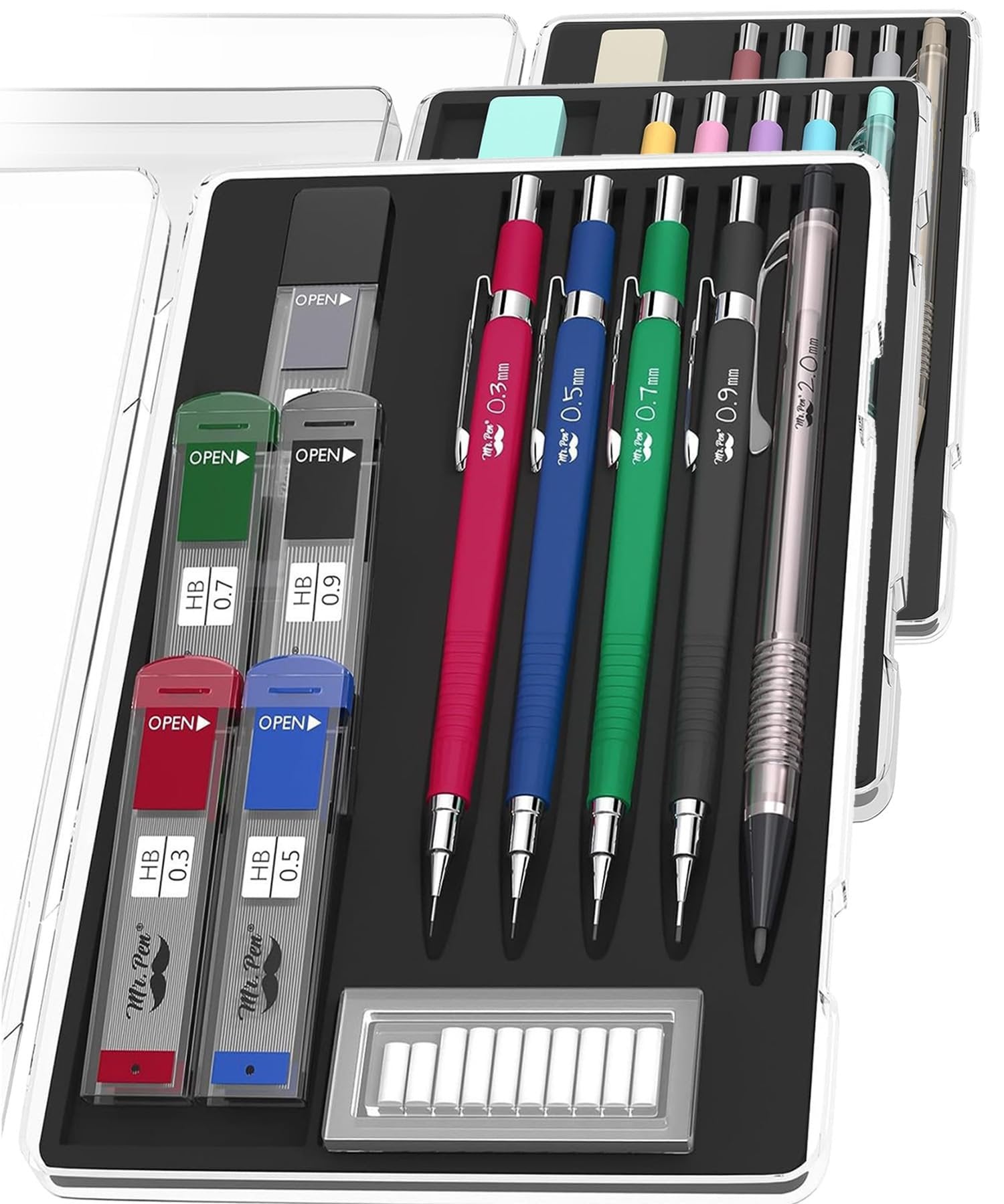 Set of 5 mechanical pencils in various colors with lead and eraser refills in a clear case.
