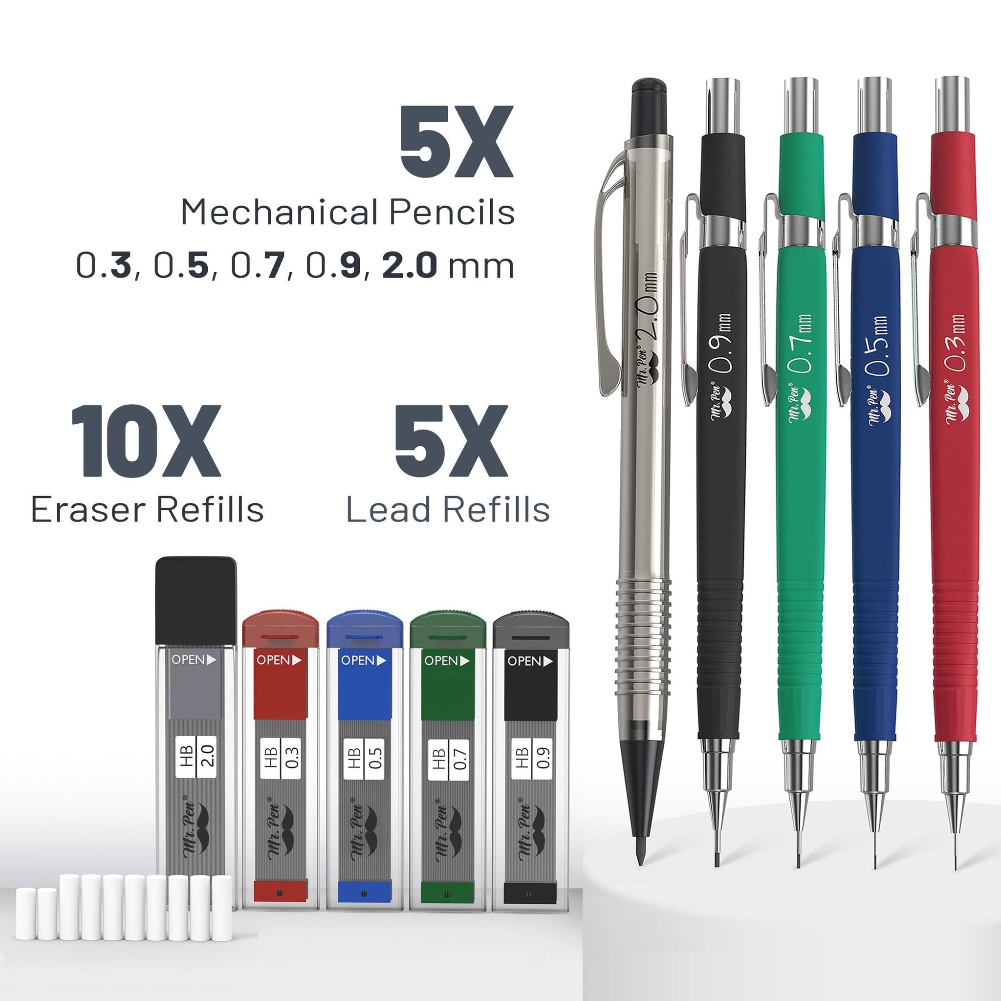 Five mechanical pencils in different colors with lead and eraser refills displayed on a white surface.