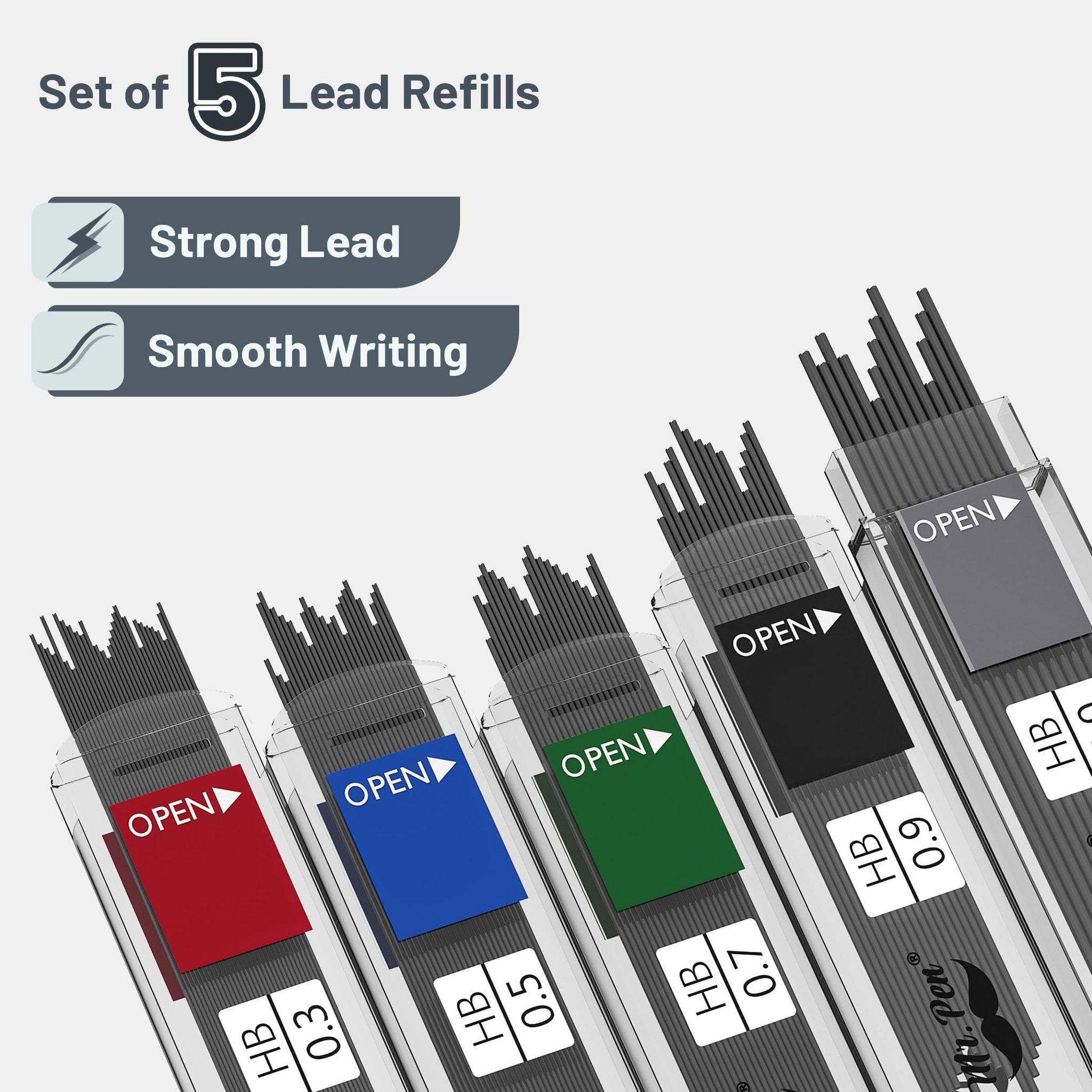 Five containers of mechanical pencil lead refills, each labeled with its diameter and HB hardness, on a white background.
