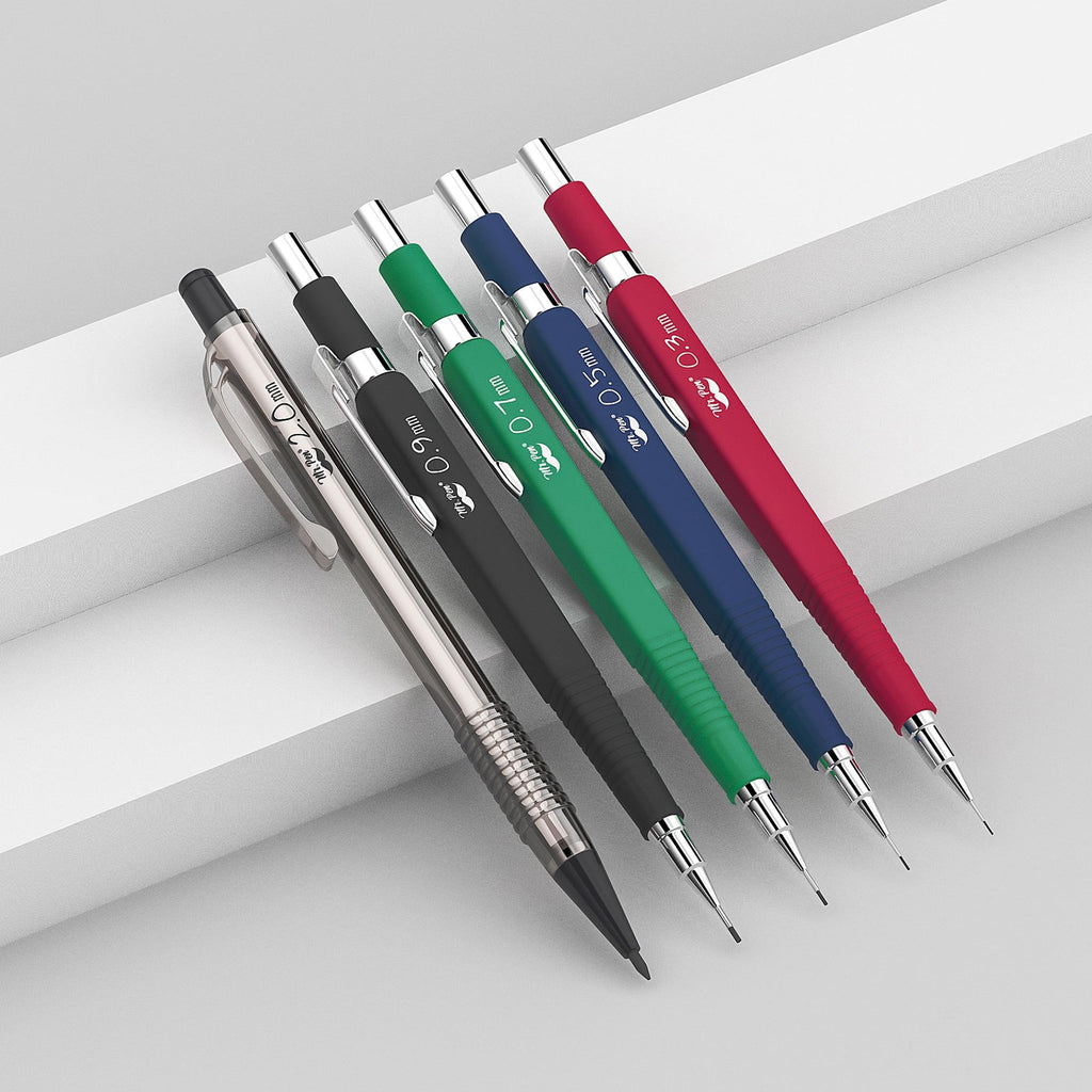 Set of five colored mechanical pencils with different lead sizes displayed on a white surface.