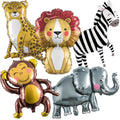Five safari animal foil balloons: leopard, lion, zebra, monkey, and elephant, arranged in a cluster.