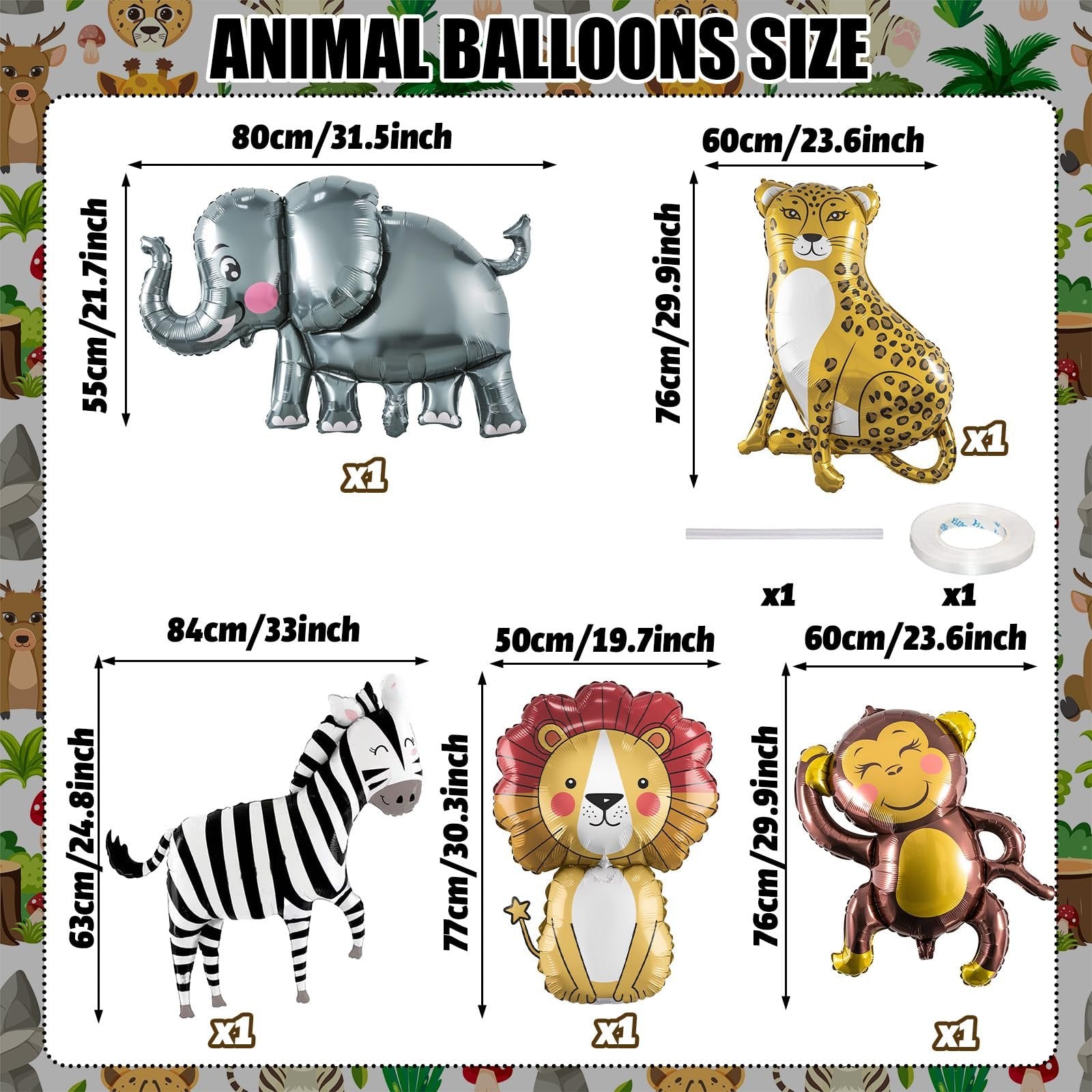 Five safari animal foil balloons: elephant, leopard, zebra, lion, and monkey, with size dimensions indicated.