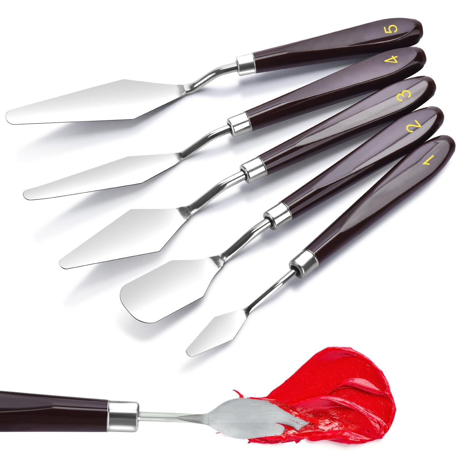 Five stainless steel palette knives with brown handles, numbered 1-5, and one knife spreading red paint.