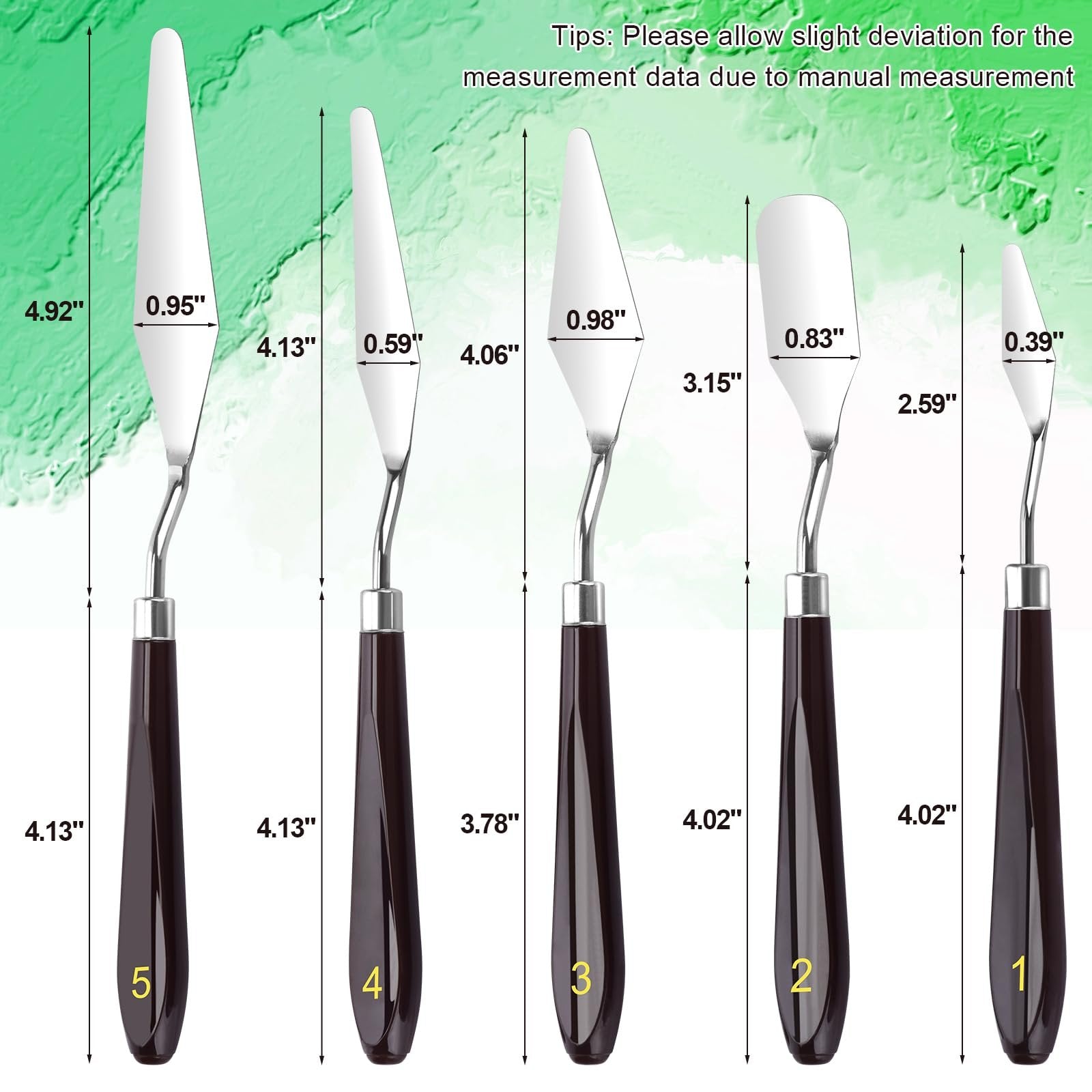 Five stainless steel palette knives with dark brown handles, shown with measurement lines and dimensions.