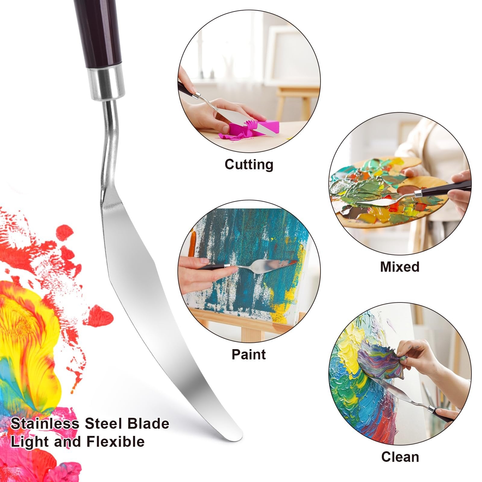 Stainless steel palette knife with dark handle, shown with four inset images demonstrating cutting, mixing paint, painting, and cleaning.