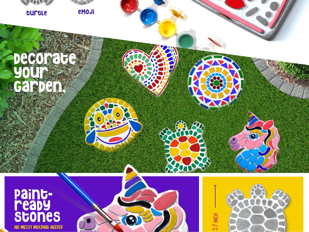 Painted stepping stones with unicorn, turtle, heart, emoji, and mandala designs on grass.
