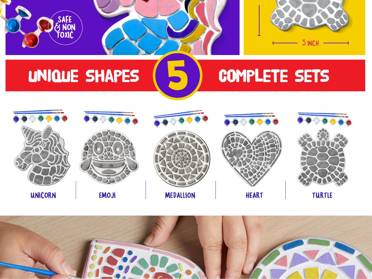Stepping stones painting kit for kids showing 5 unique stone shapes: unicorn, emoji, medallion, heart, and turtle, with paint pots and brushes.
