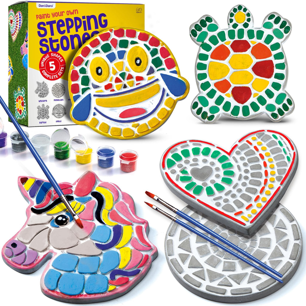 Stepping stones painting kit with unicorn, turtle, heart, emoji, and smiley face shapes, paints, and brushes.