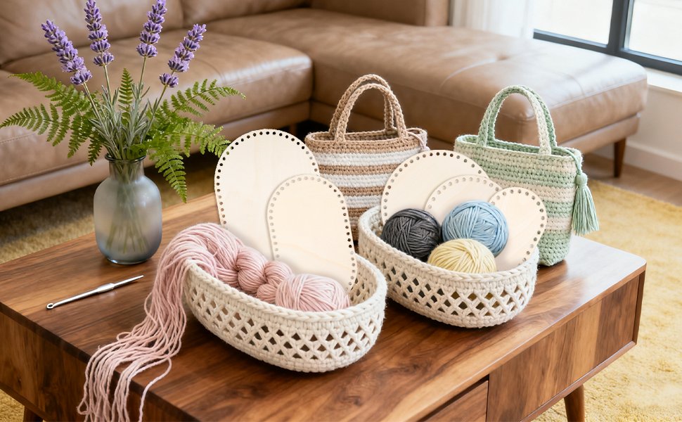Crochet and knitting supplies including wooden basket bases, yarn, and finished bags on a coffee table.