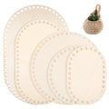 Five assorted oval and round wooden basket bases with laser-cut holes for crochet and knitting projects.