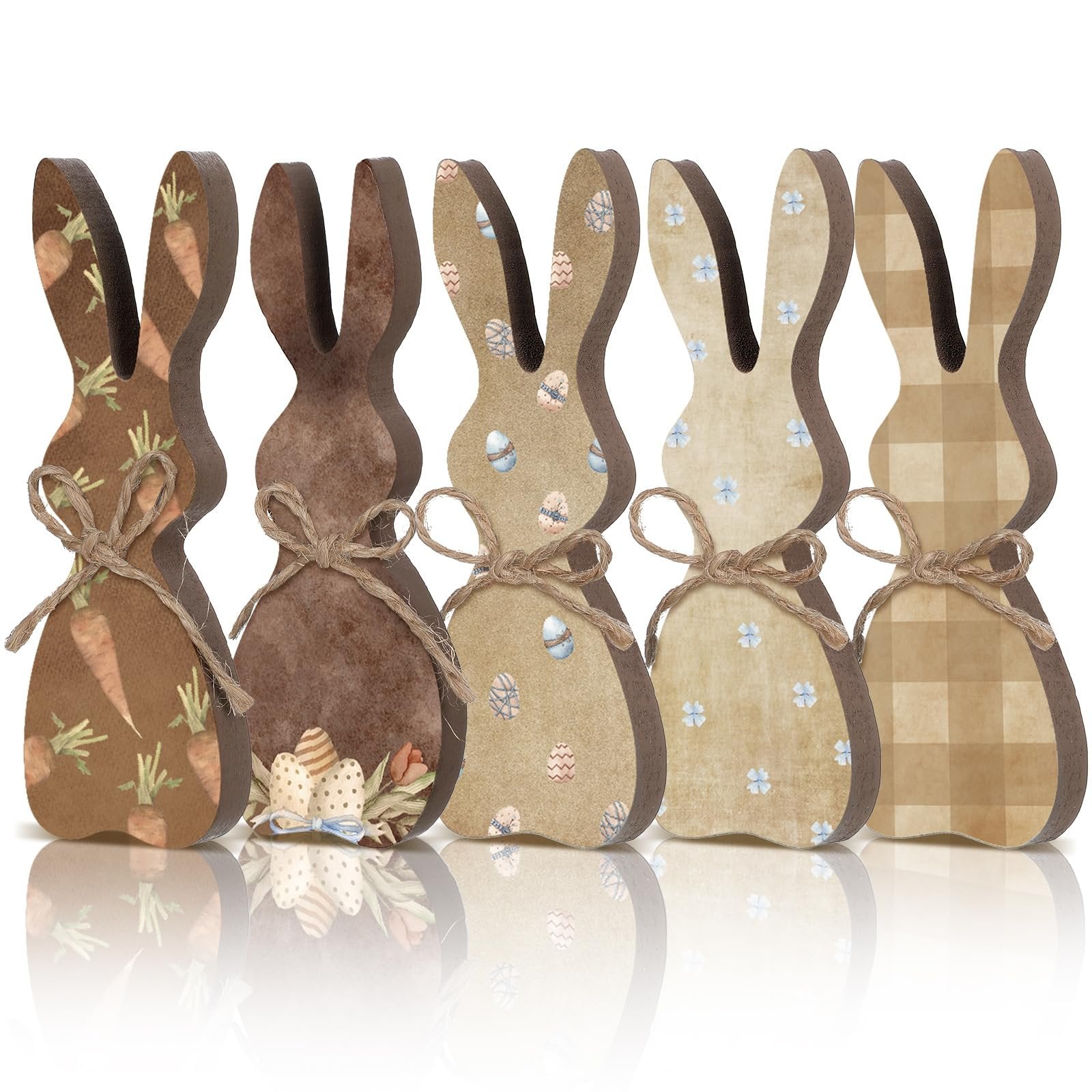 Five wooden Easter bunny table decor figures with twine bows, featuring carrot, egg, floral, and plaid patterns.